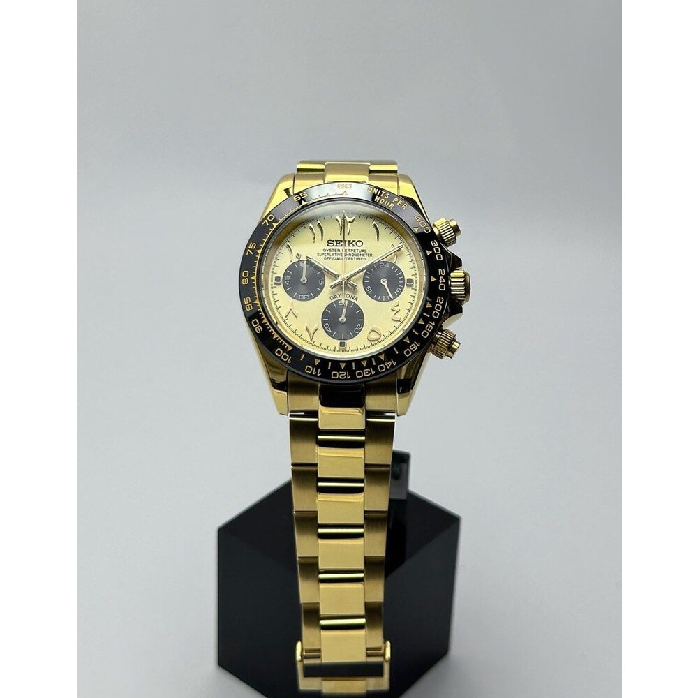 Custom Seiko Mod • Gold Black Arabic Daytona Quartz Chronograph • 39.5mm